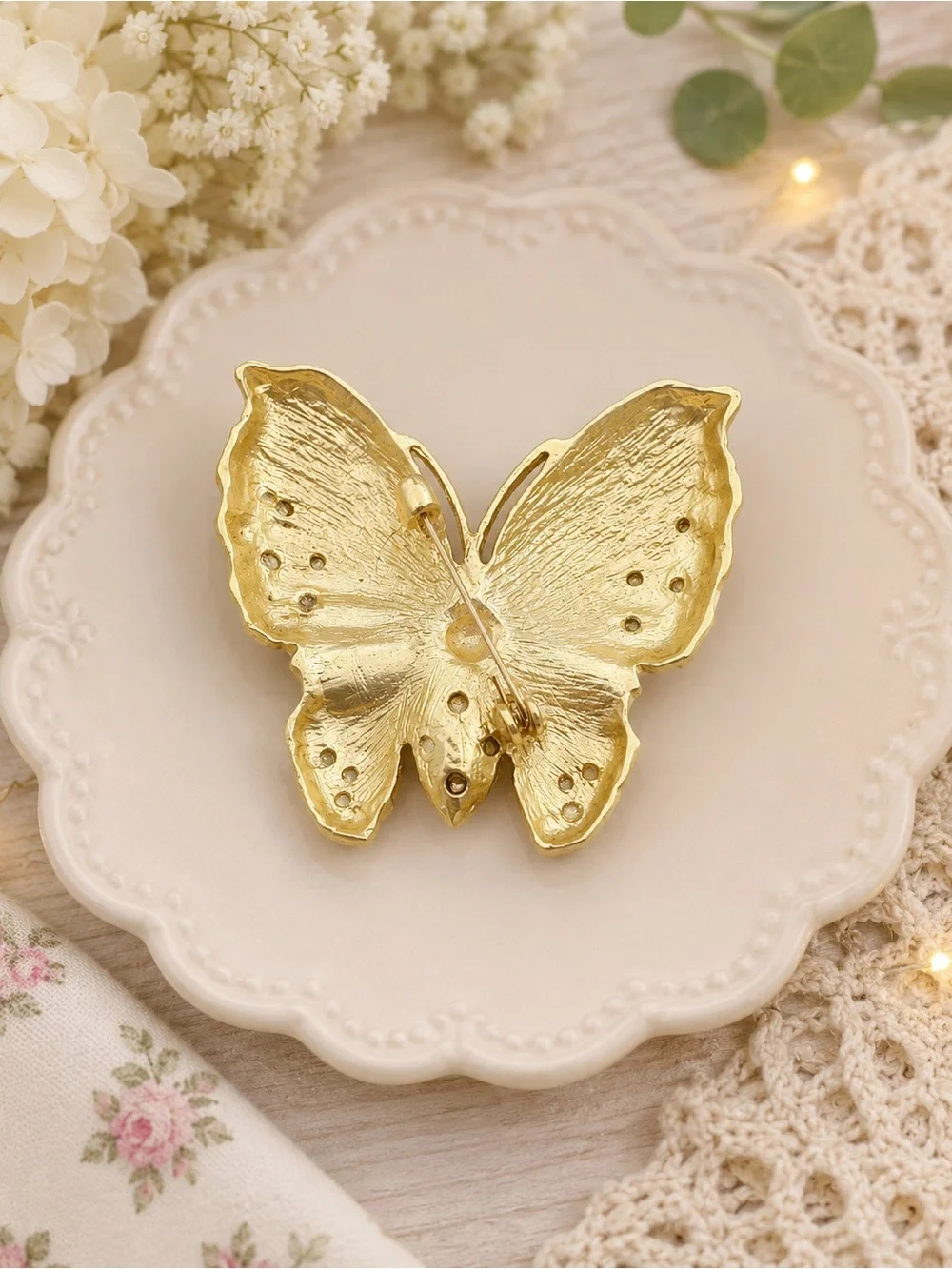 Blue Enamel Butterfly Brooch with Faux Pearls & Rhinestones Gold Tone